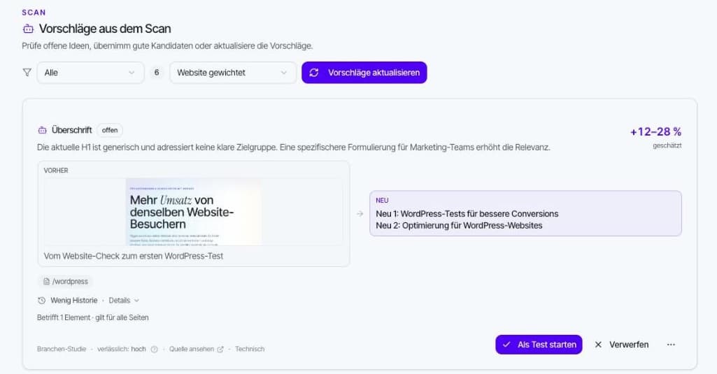 Co-Pilot-Ansicht „Vorschläge aus dem Scan“ im Dashboard: Vorher-zu-Neu-Vergleich einer Überschrift, geschätzte Wirkung und der Button „Als Test starten“.