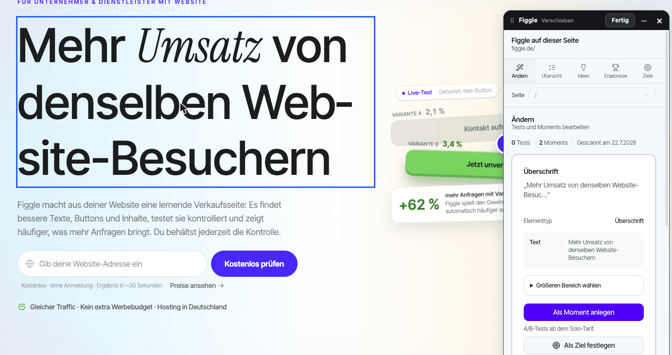 Figgle direkt auf figgle.de: die Überschrift ist mit einem blauen Rahmen ausgewählt, rechts die Toolbar mit der Aktionskarte „Als Moment anlegen“.